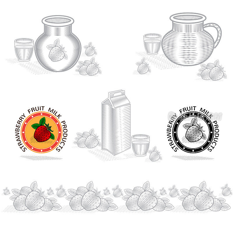 Packing concept element for dry strawberry milk or cream. Vector design with illustration in woodcut or engraving style